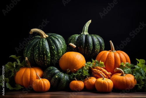 many pumpkins and gourds on a table