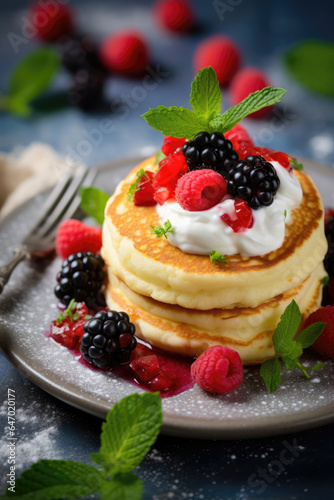 Delicious Cottage Cheese Pancake with Fresh Berries and Sour Cream