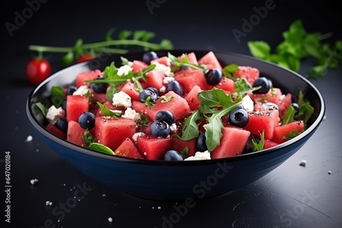 a bowl of watermelon and blueberries with feta cheese