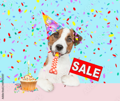 jack russell terrier puppy wearing party cap blows into party horn and showing signboard with labeled "sale" © Ermolaev Alexandr