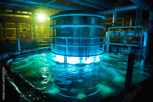 Blue glow water of nuclear reactor core powered, caused by Cherenkov radiation