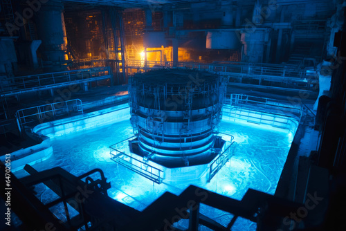 Blue glow water of nuclear reactor core powered, caused by Cherenkov radiation