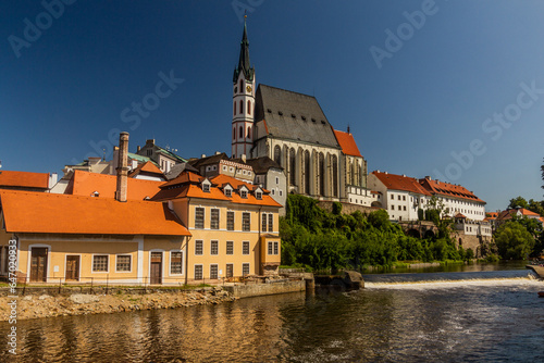 Saint Vitus church and Mrazkuv weir in Cesky Krumlov, Czech Republic