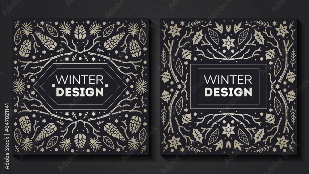 Obraz premium Luxury Christmas frame set, abstract sketch winter floral design templates. Geometric monochrome square, holly backgrounds with fir tree. Use for package, branding, decoration, banners