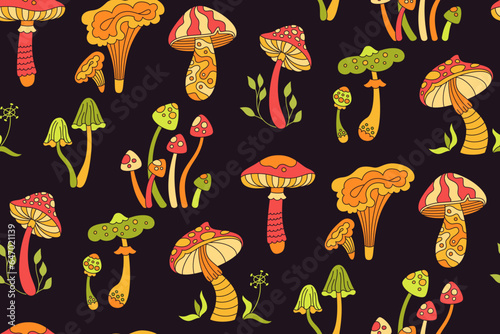Mushrooms stylizes hippie retro seamless pattern. Poisonous psychedelic abstract mushrooms endless background style of 70s. Vibrant magic seventies fantastic fungus repeat surreal hippy ornament