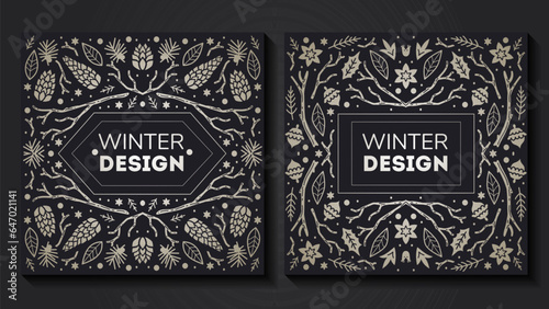 Luxury Christmas frame set, abstract sketch winter floral design templates. Geometric monochrome square, holly backgrounds with fir tree. Use for package, branding, decoration, banners