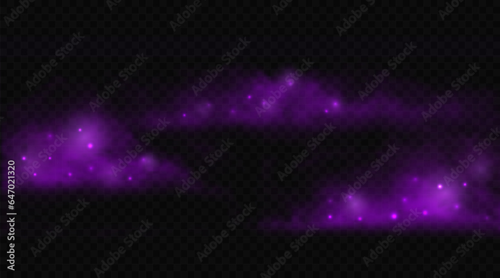 Clouds of purple magic smoke. Vector illustration. Translucent powder trail with sparkles isolated on transparent backdrop