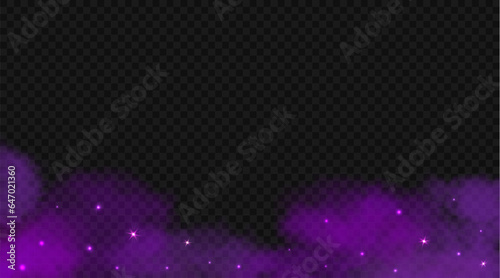 Violet cloudy smoke with glitter. Vector illustration. Abstract magic glowing powder isolated on transparent background.