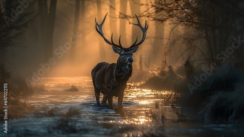 A Stag emerges from the morning darkness in a flooded forest. Created with Generative AI Technology