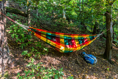 Colorful hammock in a forest, Czech Republic