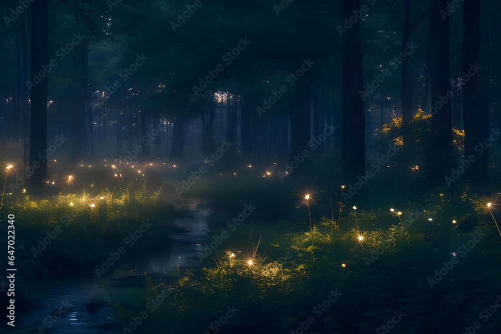 A serene forest scene at twilight, with fireflies dancing around a