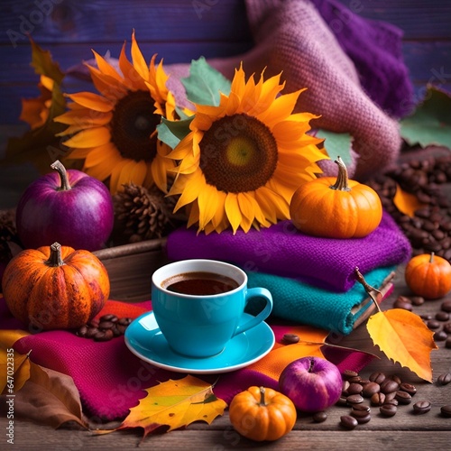 Beautiful still life with pumpkins  sunflowers  knitted blankets  autumn leaves  coffee beans and cup of coffee on a dark wooden background. AI generative 