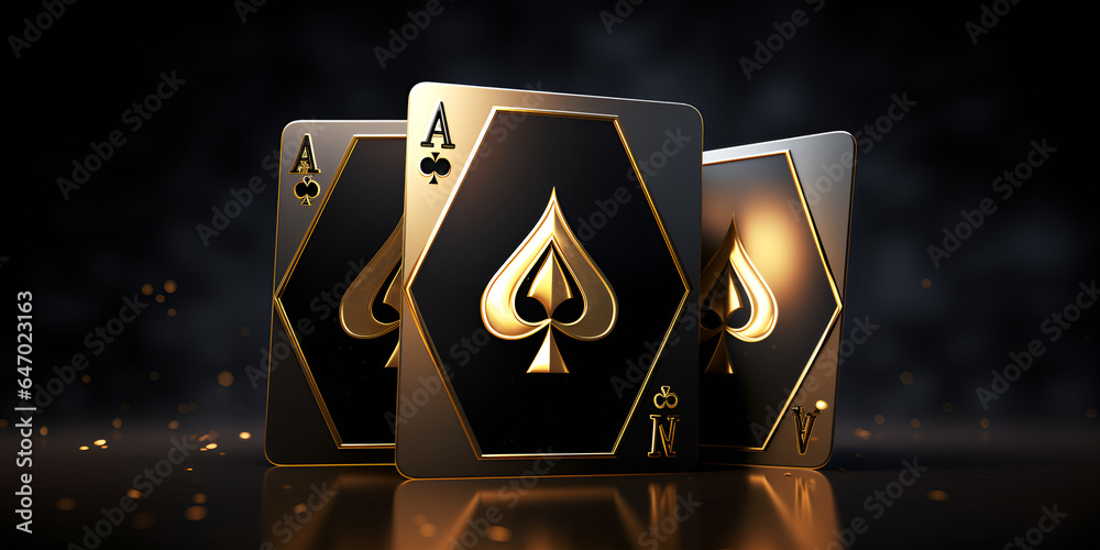 Black playing cards with gold light effect on dark background
 - obrazy, fototapety, plakaty 