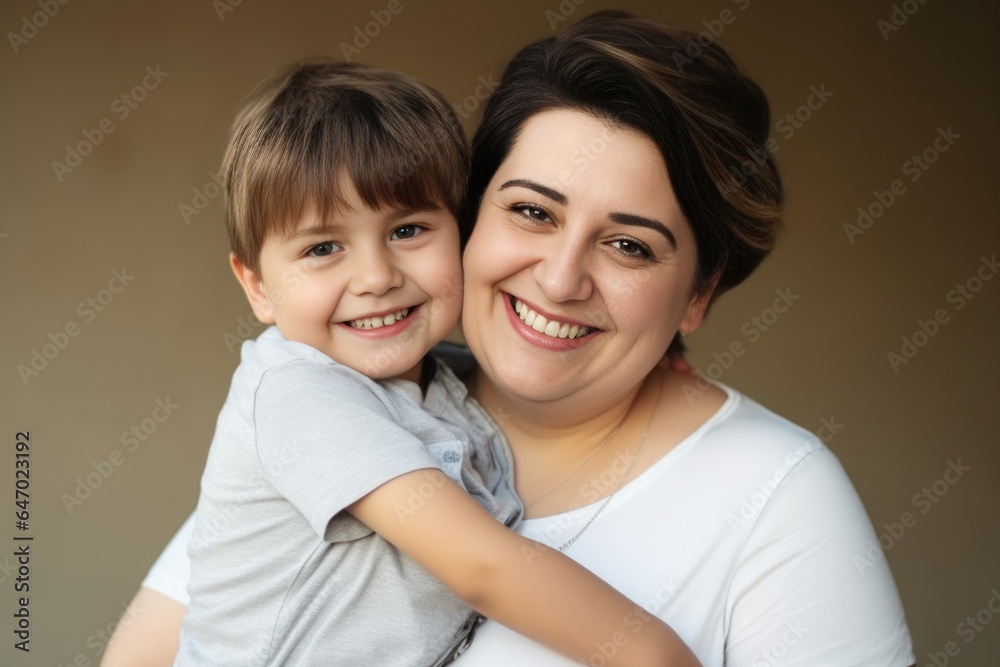 Smiling woman posing with her son looking at the camera Smiling woman posing with her son looking at the camera
