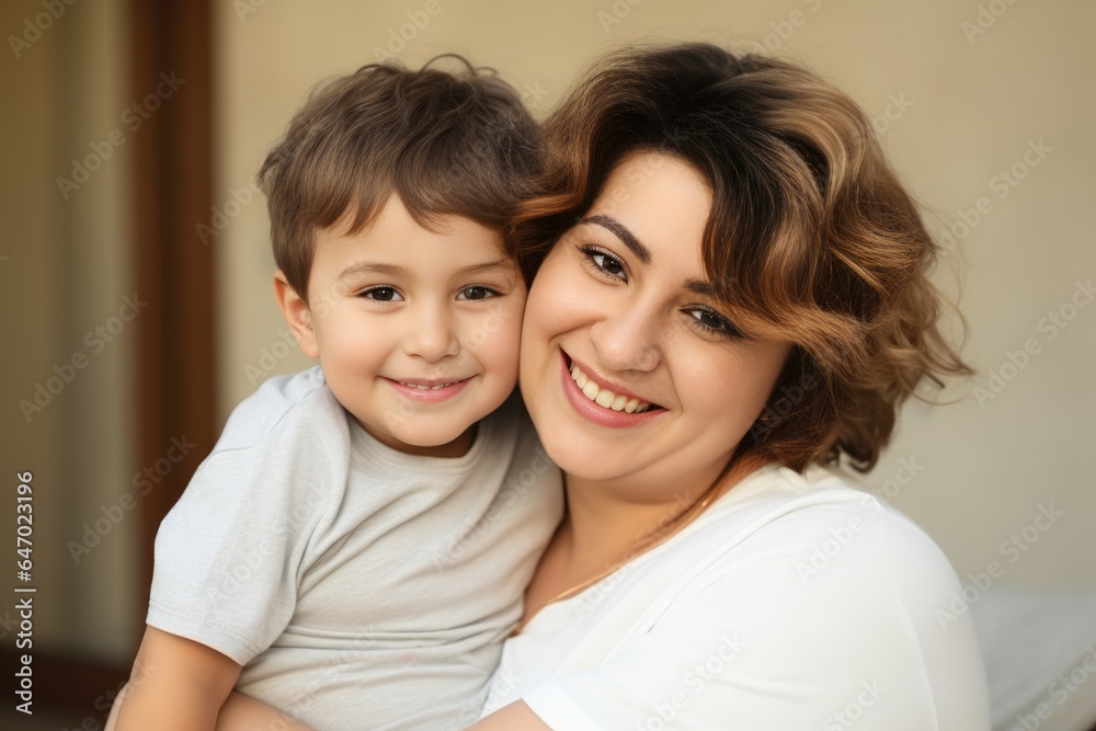Smiling woman posing with her son looking at the camera Smiling woman posing with her son looking at the camera