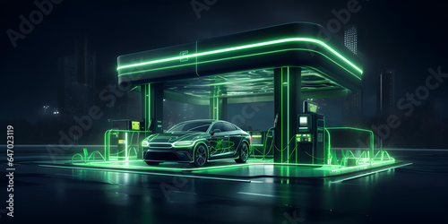 Neon power plant green technology the future of the automotive industry Electric vehicle charging  Electric vehicle plugged in at a charging point