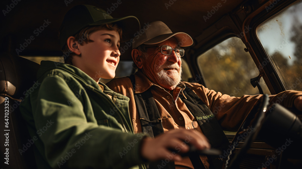 Fototapeta premium Generational Bond: Quality Time in a Truck with Grandpa