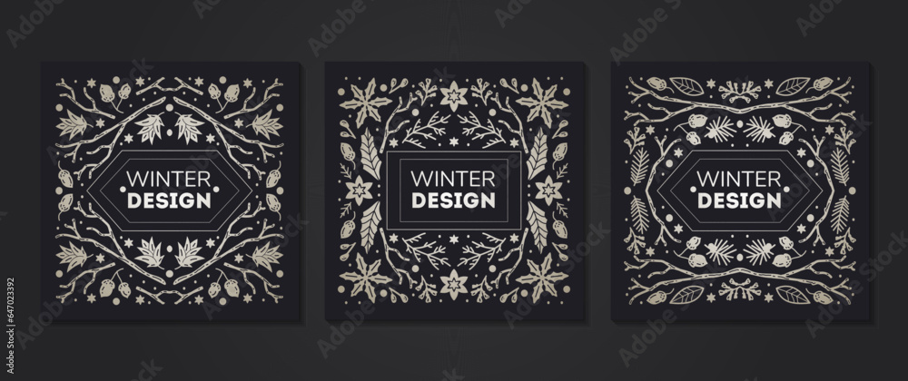 Luxury Christmas frame set, abstract sketch winter floral design templates. Geometric monochrome square, holly backgrounds with fir tree. Use for package, branding, decoration, banners