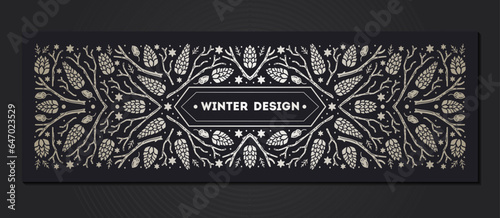 Luxury Christmas frame, abstract sketch winter floral design templates for xmas products. Geometric monochrome square, holly silver backgrounds with fir tree. Use for package, branding, decoration,