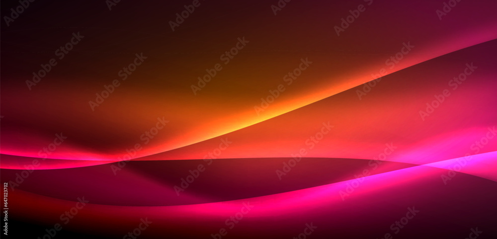 Dynamic waves in ethereal glow of neon lights. Concept merges fluidity of motion with vibrant allure of neon, crafting entrancing backdrop that embodies both vitality and futuristic sophistication Dynamic waves in ethereal glow of neon lights. Concept merges fluidity of motion with vibrant allure of neon, crafting entrancing backdrop that embodies both vitality and futuristic sophistication