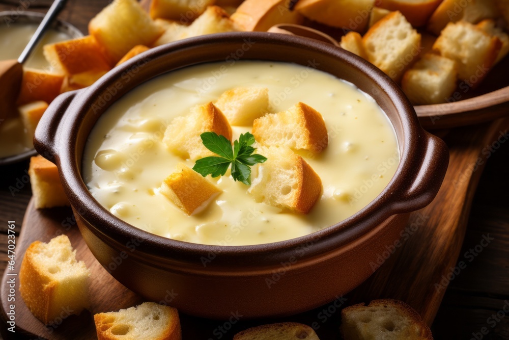 Creamy cheese fondue. Background with selective focus Creamy cheese fondue. Background with selective focus