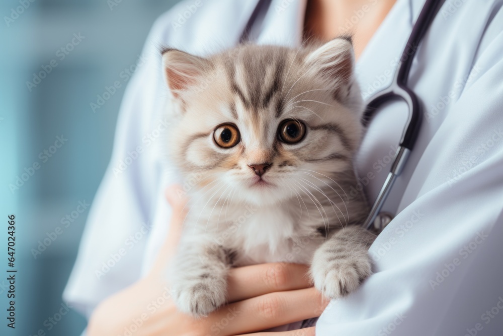 Cute kitten in the hands of a veterinarian. Pet portrait with selective focus Cute kitten in the hands of a veterinarian. Pet portrait with selective focus