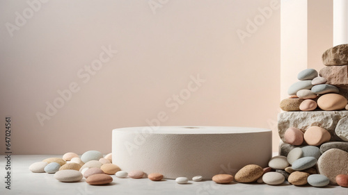 podio de Bright open room with natural light and minimalistic design, stones and pastel color
 photo