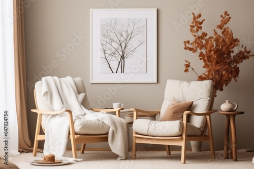Interior design of harmonized living room with mock up poster frame  white boucle armchair  wooden coffee tables  decoration and personal accessories. Cozy home decor