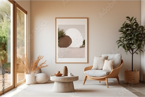 Interior design of harmonized living room with mock up poster frame  white boucle armchair  wooden coffee tables  decoration and personal accessories. Cozy home decor
