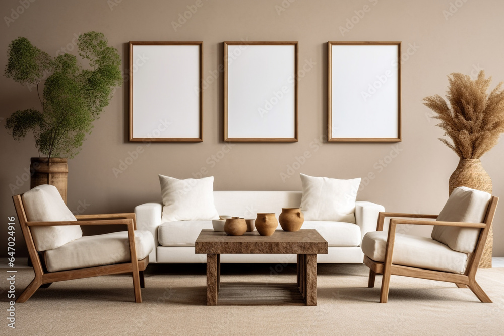 Interior design of harmonized living room with mock up poster frame, white boucle armchair, wooden coffee tables, decoration and personal accessories. Cozy home decor Interior design of harmonized living room with mock up poster frame, white boucle armchair, wooden coffee tables, decoration and personal accessories. Cozy home decor
