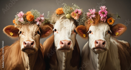Group of cows with a wreath of flowers on her head.  © hakule