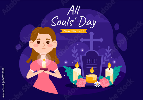 All Souls Day Vector Illustration to Commemorate All Deceased Believers in the Christian Religion with Candles in Flat Kids Cartoon Background Design