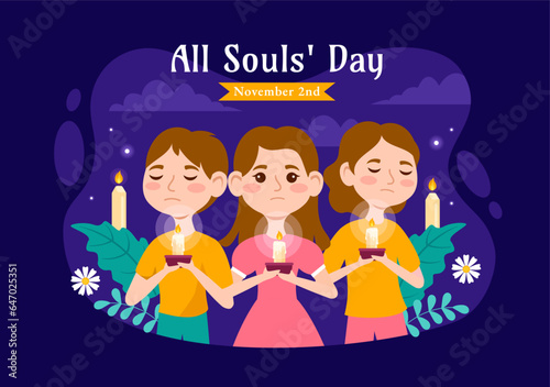 All Souls Day Vector Illustration to Commemorate All Deceased Believers in the Christian Religion with Candles in Flat Kids Cartoon Background Design