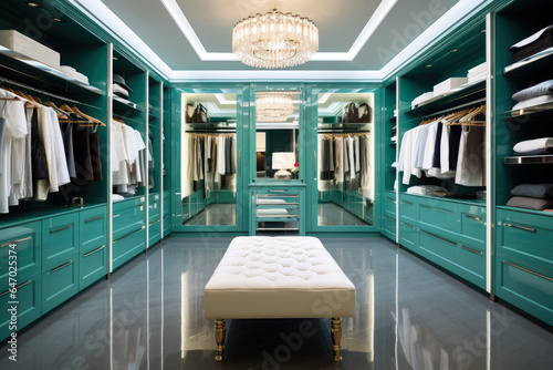 Elegant Walk-in Closet in Turquoise and White Colors with Ample Storage Space  Stylish Lighting  and Sleek Organizational Systems