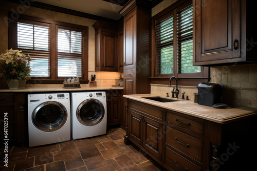 Cozy Laundry Room with Dark Wood Accents and Neutral Color Scheme Creates a Traditional Ambiance