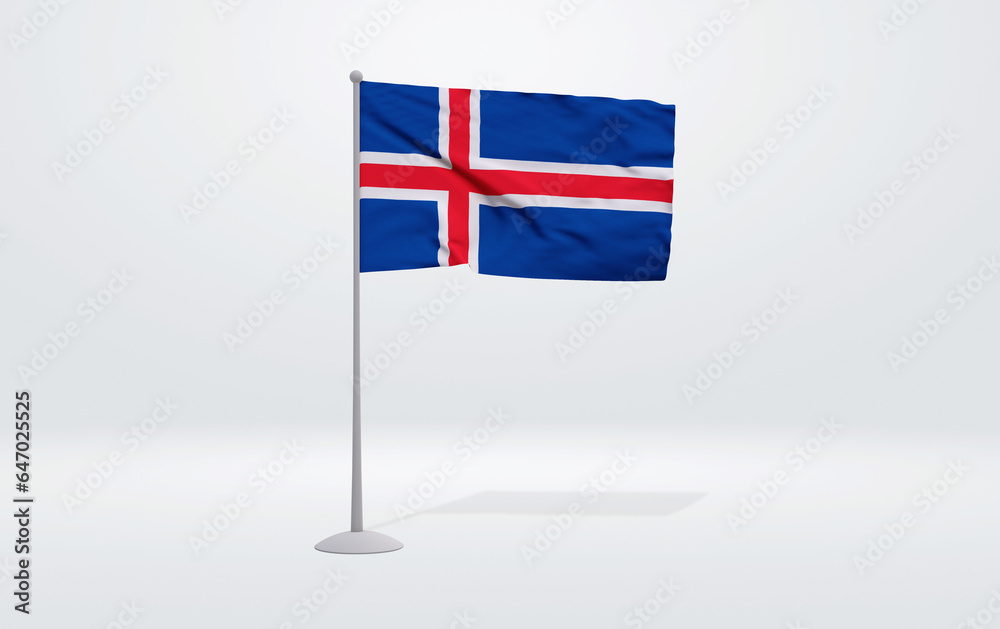 3D illustration of an Icelandic flag extended on a flagpole and a studio backdrop in the background.
