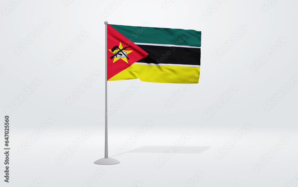 3D illustration of a Mozambique flag extended on a flagpole and a studio backdrop in the background. 3D illustration of a Mozambique flag extended on a flagpole and a studio backdrop in the background.