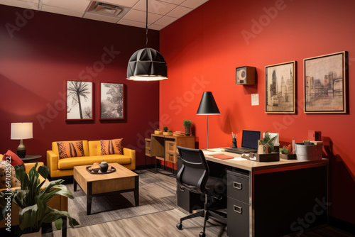 A Vibrant and Invigorating Office Oasis: Step into the Elegance of a Brick Red Color Scheme