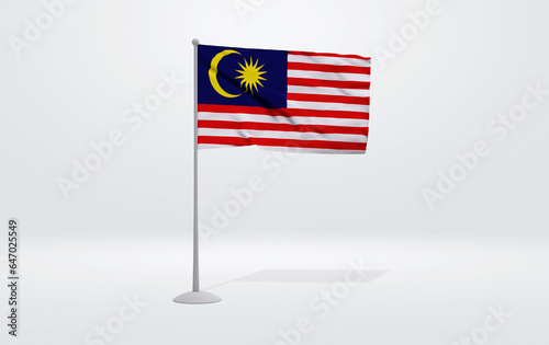 3D illustration of a Malaysian flag extended on a flagpole and a studio backdrop in the background.