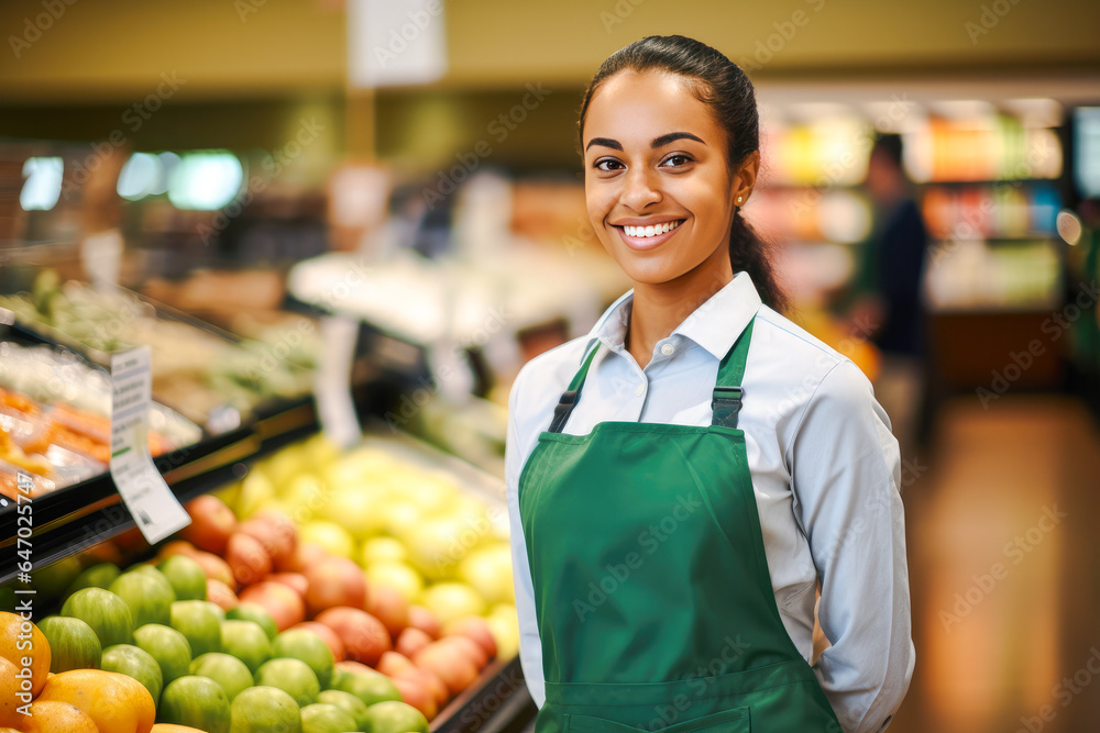 Smiling young female supermarket worker looking at the camera, with fresh produce in the background