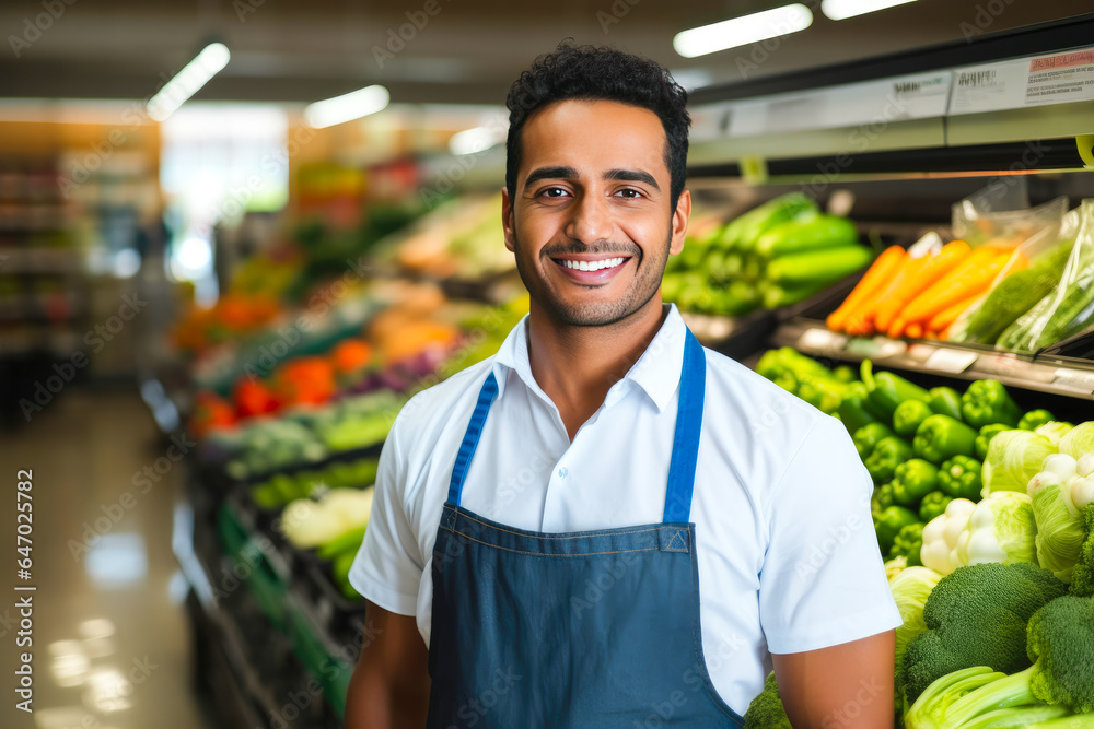 Smiling young hispanic male supermarket worker looking at the camera, with fresh produce in the background