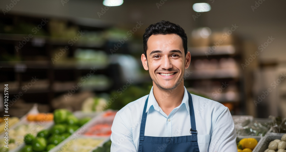 Smiling young male supermarket worker looking at the camera, with fresh produce in the background Smiling young male supermarket worker looking at the camera, with fresh produce in the background