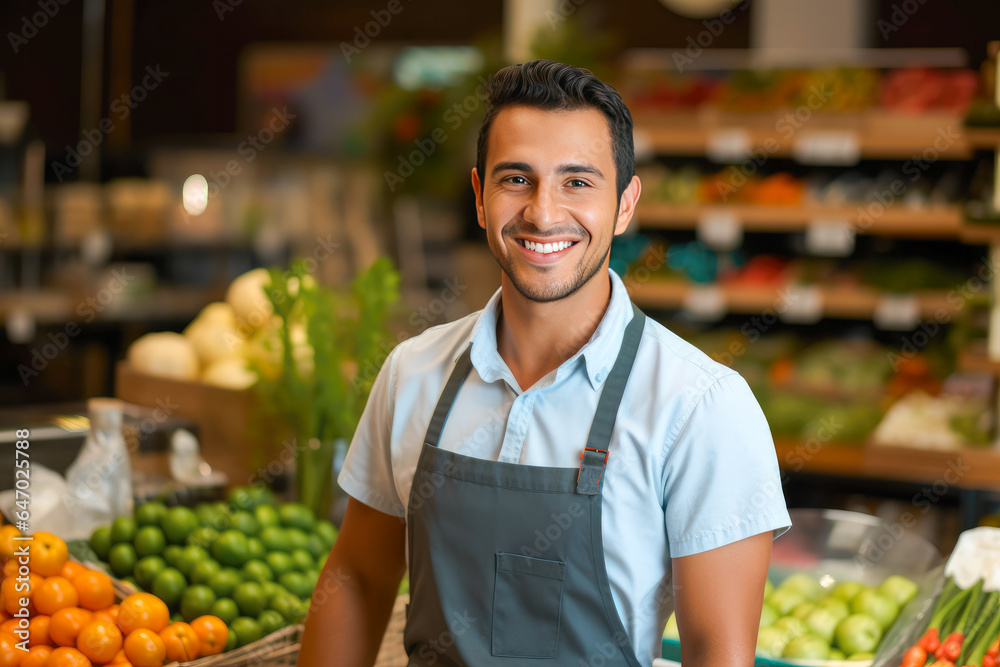 Smiling young male supermarket worker looking at the camera, with fresh produce in the background