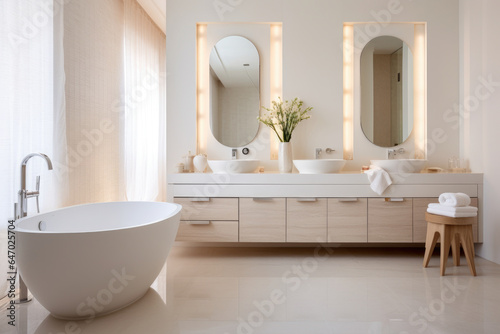 Serene Oasis: A Stunning White Bathroom Interior with Luxurious Elegance and Tranquil Ambiance