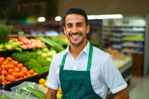 Smiling young male supermarket worker looking at the camera, with fresh produce in the background