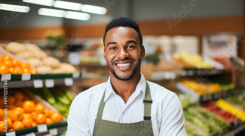 Smiling young African American male supermarket worker looking at the camera, with fresh produce in the background