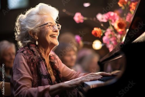 Elderly woman playing the piano with passion