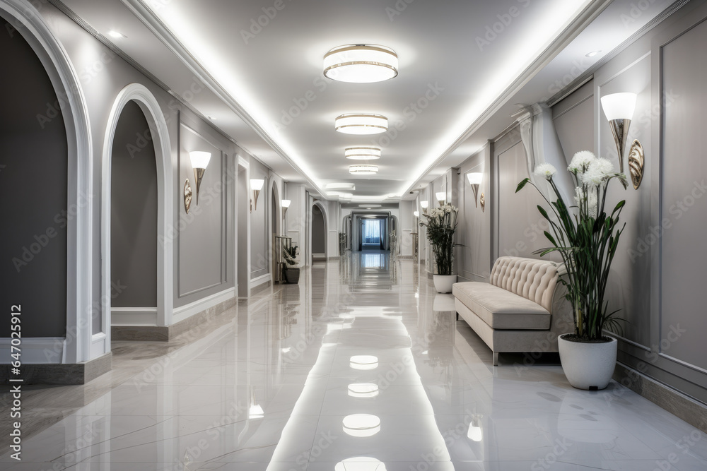 A mesmerizing silver colored hallway interior with sleek metallic accents and contemporary lighting fixtures
