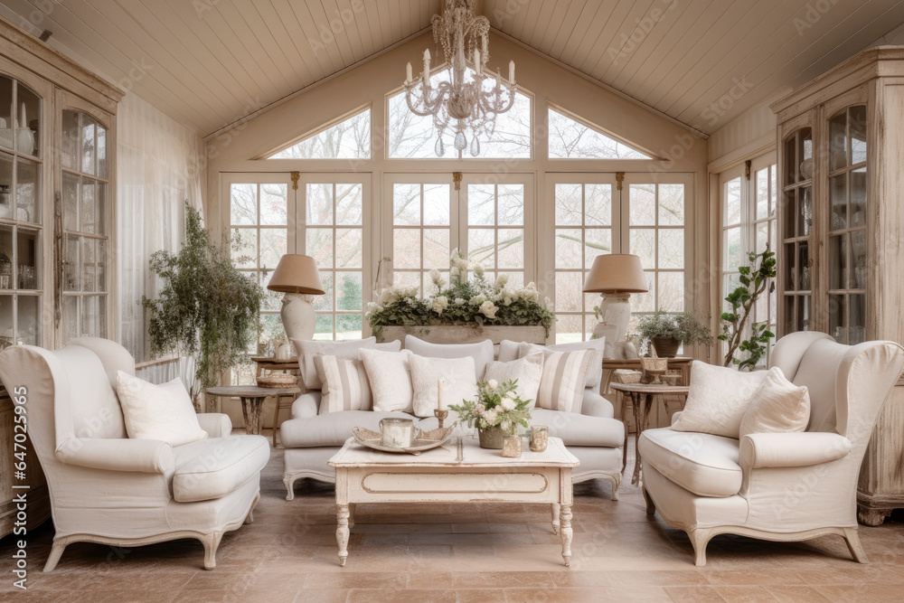Elegant French Country Living Room Interior with Rustic Charm and