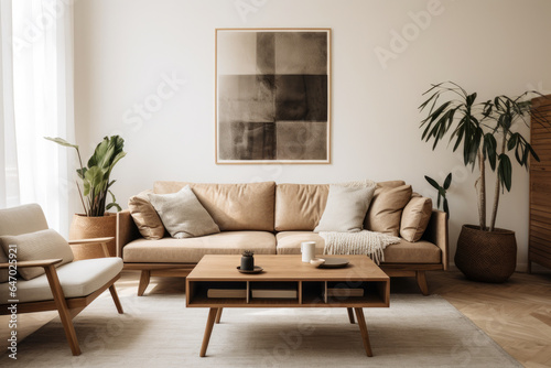 A Cozy Scandinavian Living Room Interior with Minimalist Design and Warm Earthy Tones © aicandy